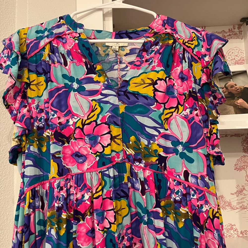 Umgee Pink and Blue Casual Sundress with V-neck Flutter Sleeves - Picture 2 of 6